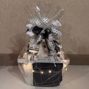 Black and White Gift Basket with Polka Dot Ribbon